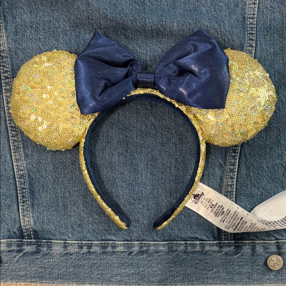 Disney Gold Sequin Ear Headband with Blue Bow